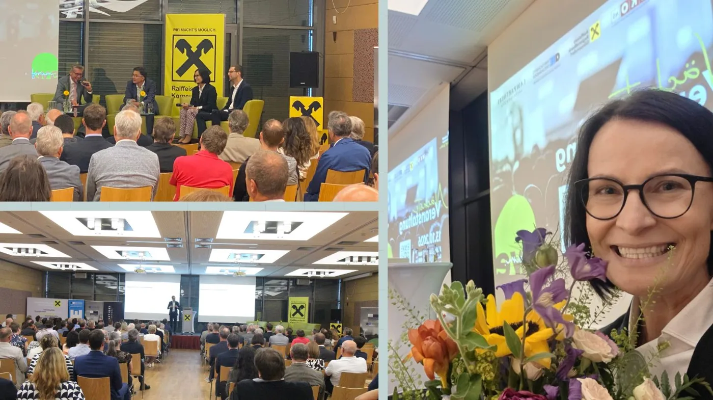 Michaela Benkitsch beim Businessforum: Podiumsdiskussion, voller Saal und ein Foto mit Blumenstrauß